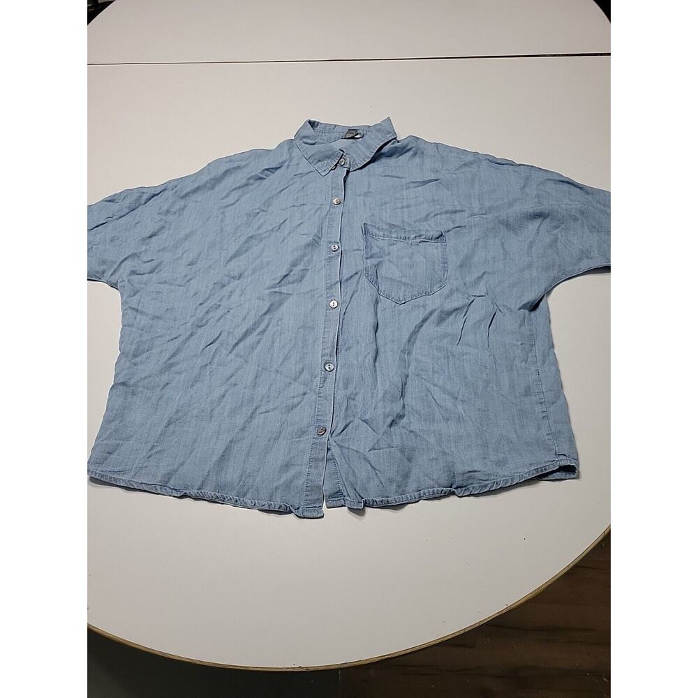 Paper Crane Shirt Womens M Button Front Blue Chambrey Short Sleeve Tencel Blouse